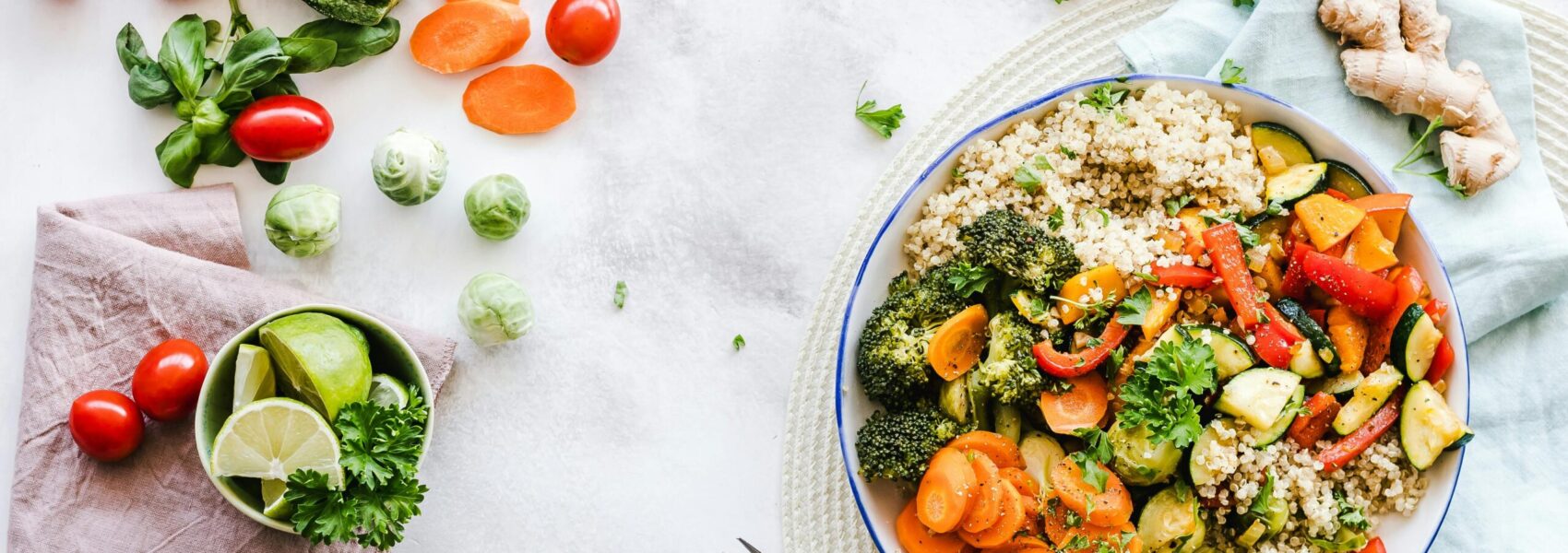 Colorful quinoa salad with fresh vegetables creates a healthy, balanced meal.